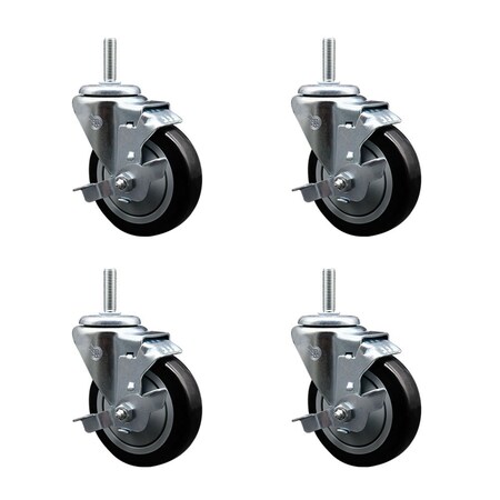 Service Caster 4 Inch Black Polyurethane Wheel Swivel 58 Inch Threaded Stem Caster Set with Brake SCC SCC-TS20S414-PPUB-BLK-TLB-58212-4